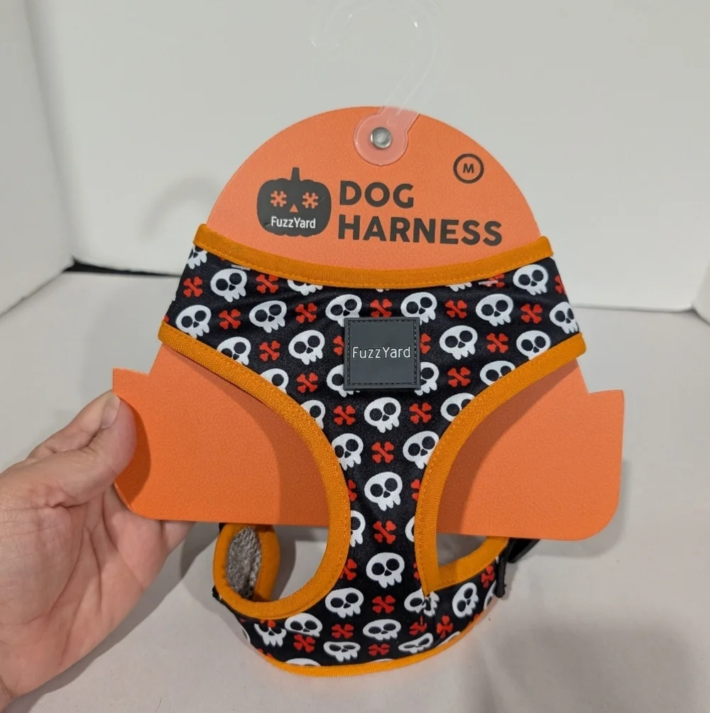NWT FuzzYard Halloween Skulss Orange, White & Black Dog Harness in Size Medium